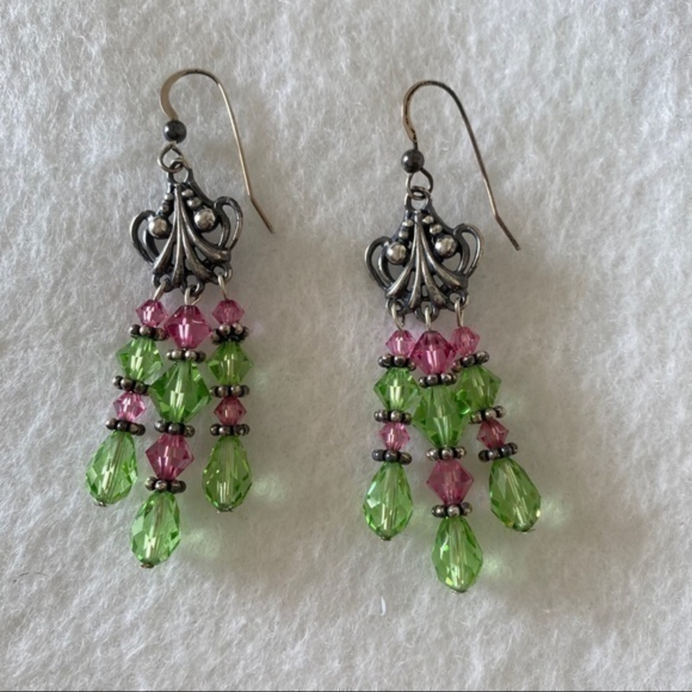925 Silver Pink Green Beaded Chandelier Tassel Drop Handmade Earrings NEW